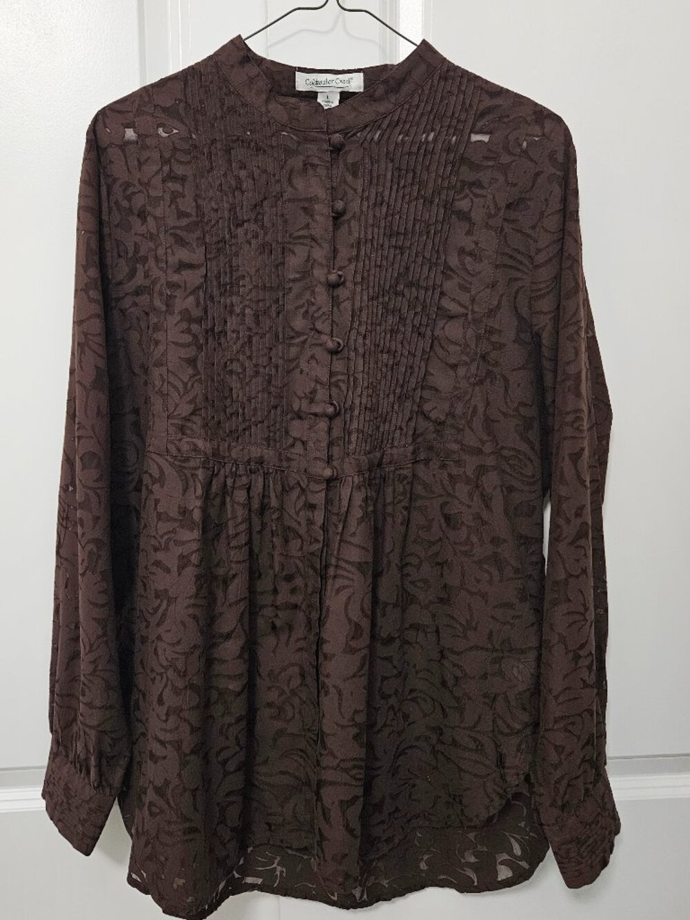 Coldwater Creek Women's Brown Burnout Pintuck Tunic Blouse Poly Cotton Size L